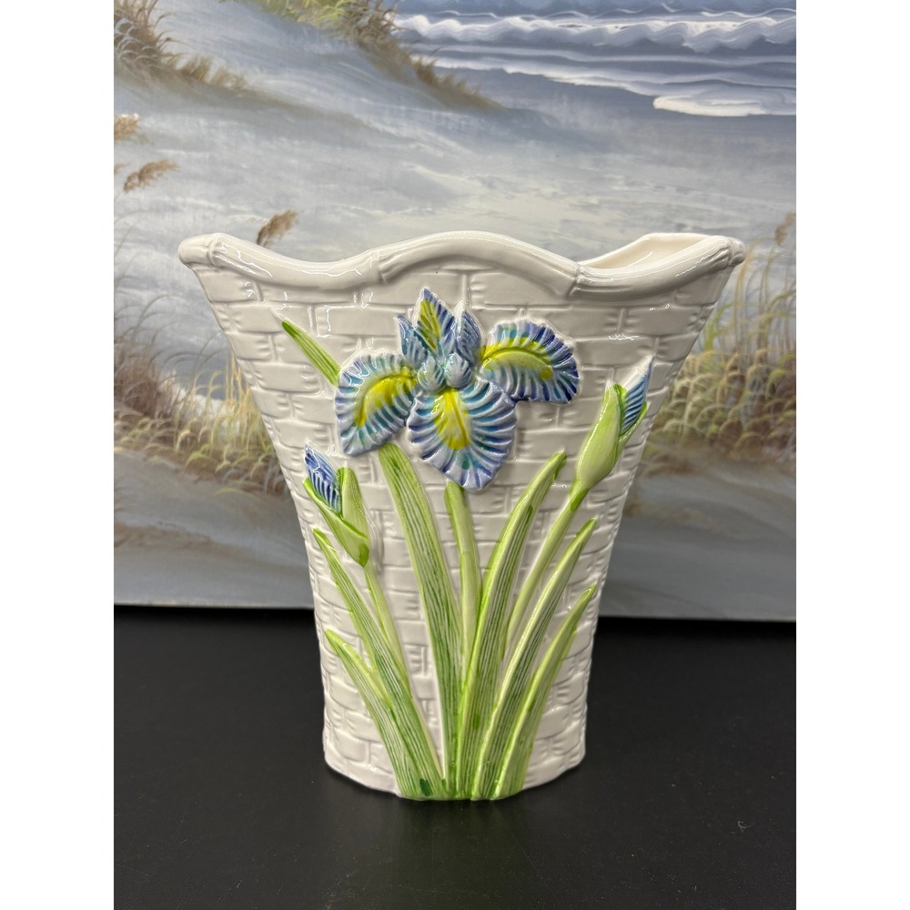 OCI Vintage Basketweave Iris Ceramic Vase White Blue Yellow Floral 3D 1990